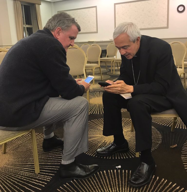Archbishop Patron Wong and Gerard O'Connor; Chat, Relax and Check Messages Oct 2019