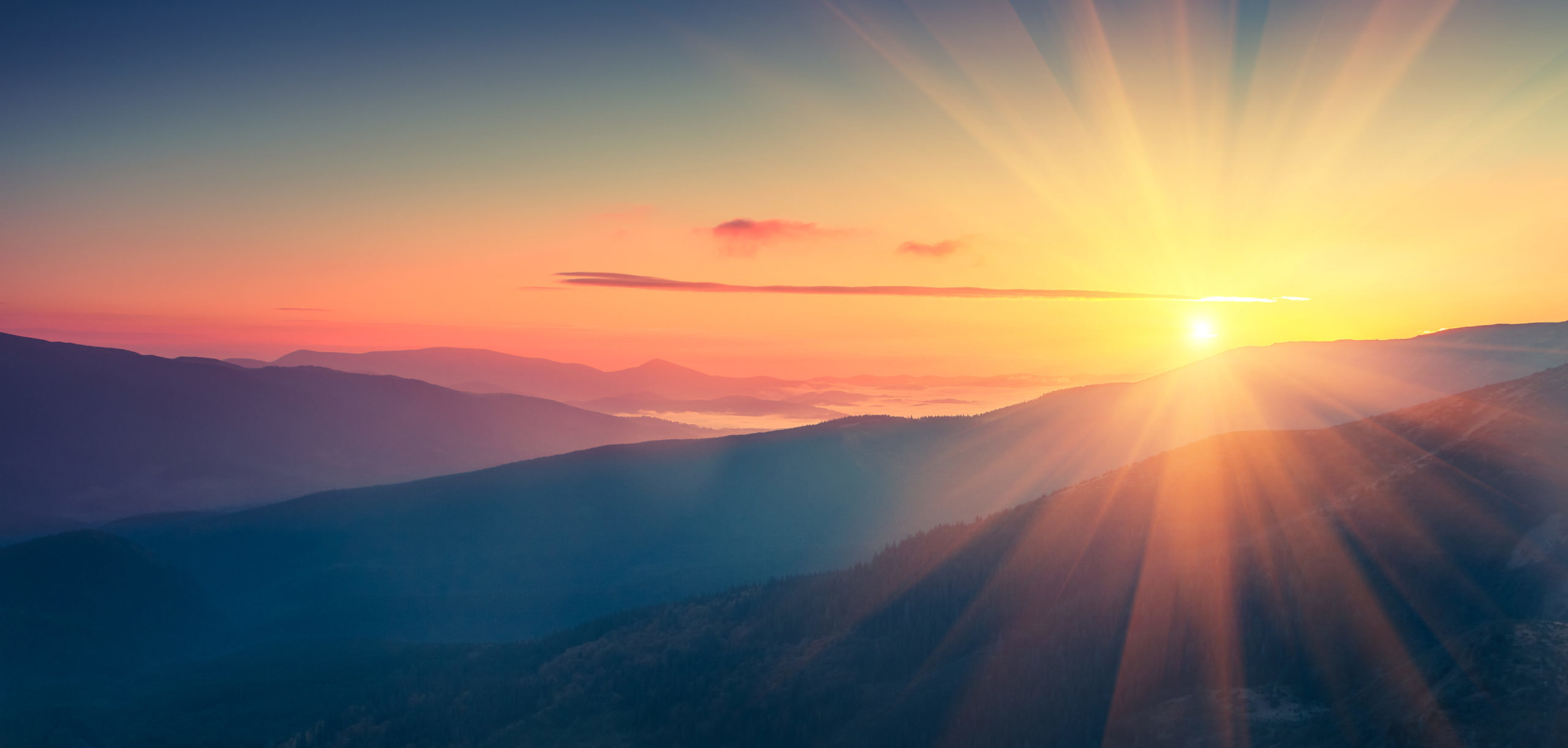 Panoramic View Of Colorful Sunrise In Mountains.