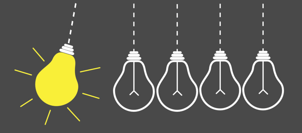 Five Hanging Yellow Light Bulbs. Perpetual Motion. Idea Concept Flat