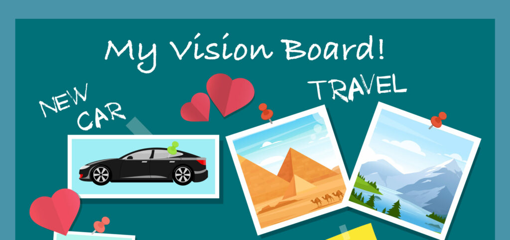 Vision Board, Collage With Dreams And Goals Vector Illustration. Cartoon Flat Visionary Examples Of Financial Business Success, Travel Achievements, Happy Family Wedding, Motivation For Body Training