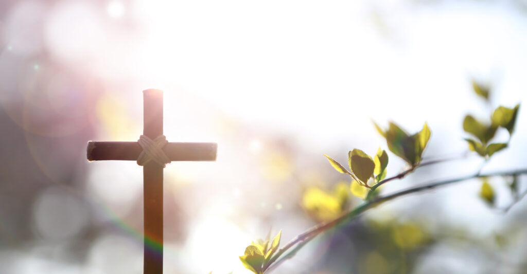 Background With Yellow Forsythia Flowers And Buds And The Holy Cross Of Jesus Christ In Hand On A Warm Spring Day With Strong Sunlight