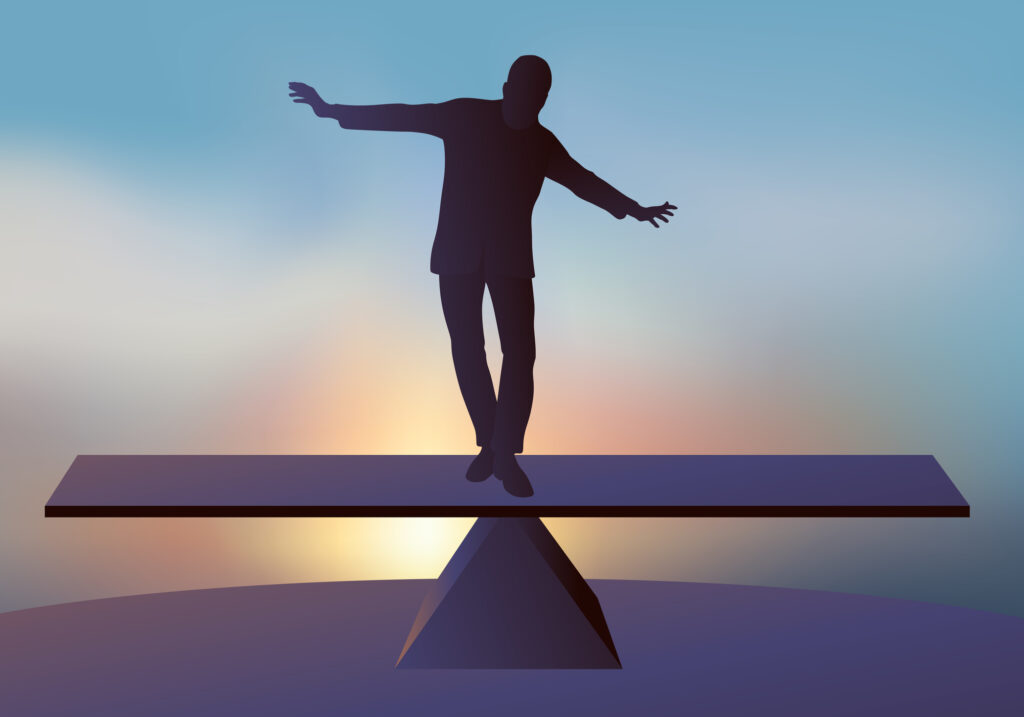 Symbol Of A Risky Situation With A Man Balancing On A Board.