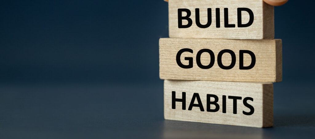 Build Good Habits Symbol, Concept, Wooden Blocks With "Build Good Habits" Motto Navy Blue Background, Copy Space, Psychology, Business, Successful Building Good Habits Concept